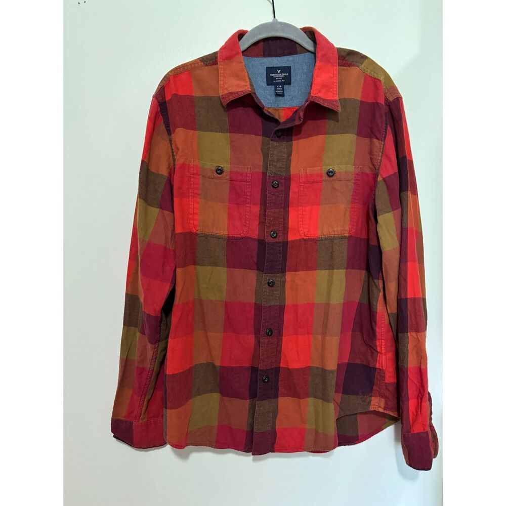 American Eagle Plaid Flannel Shirt Red Brown Cotton Button Up Grunge Cabincore